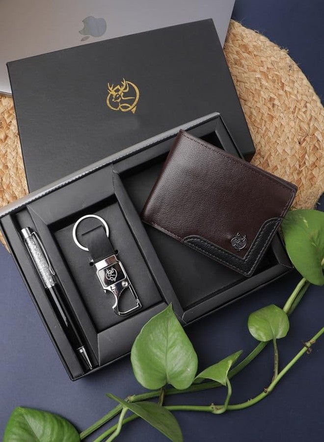 ZEVORA Pack of 3 Premium Leather Wallet Pen & Keychain Gift Set for Men - Stylish Bi-Fold Wallet with Pen & Keychain in Luxury Gift Box - Image 2